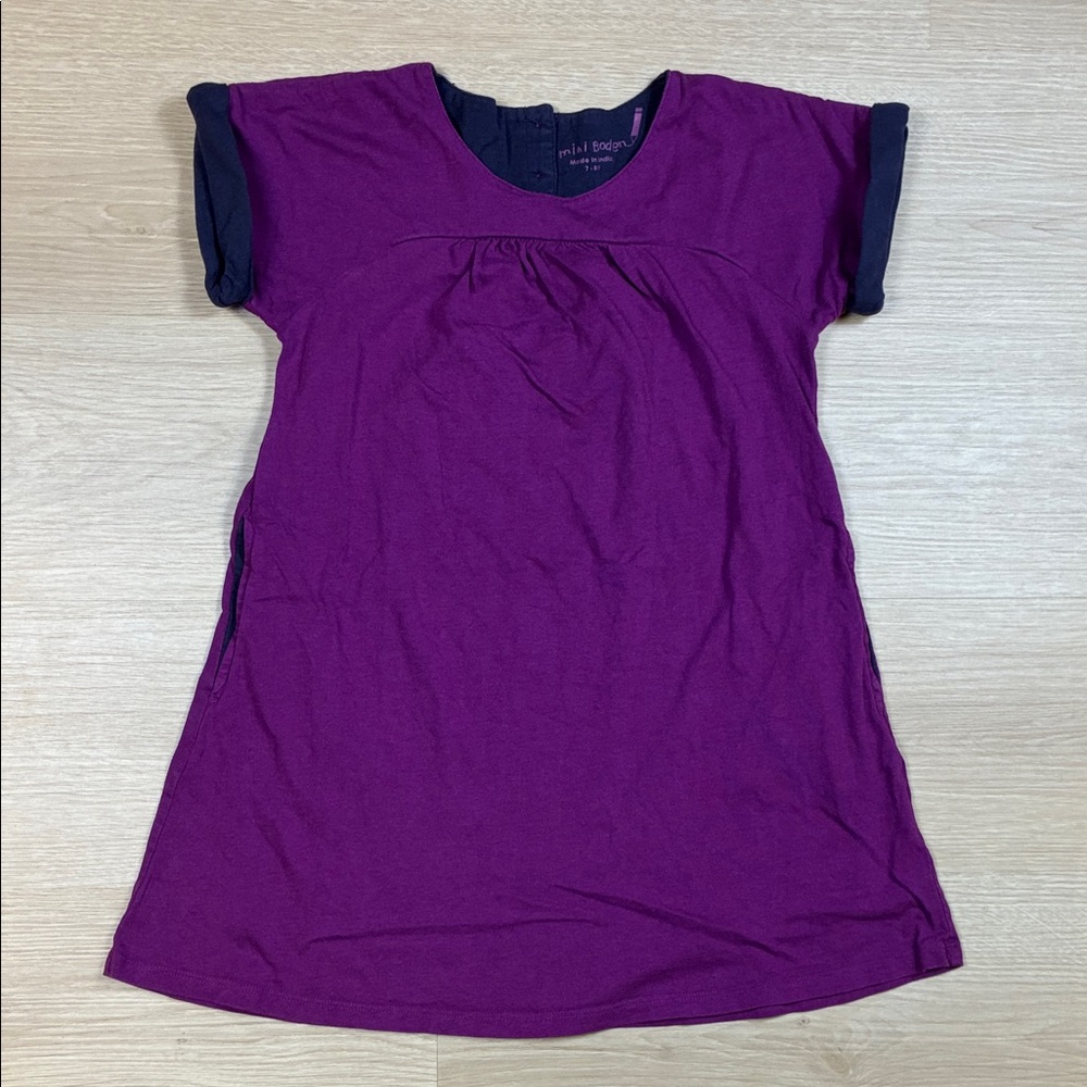 Mini Boden Purple with Rolled Navy Cuff Short Sleeve T-Shirt Dress 7/8Y